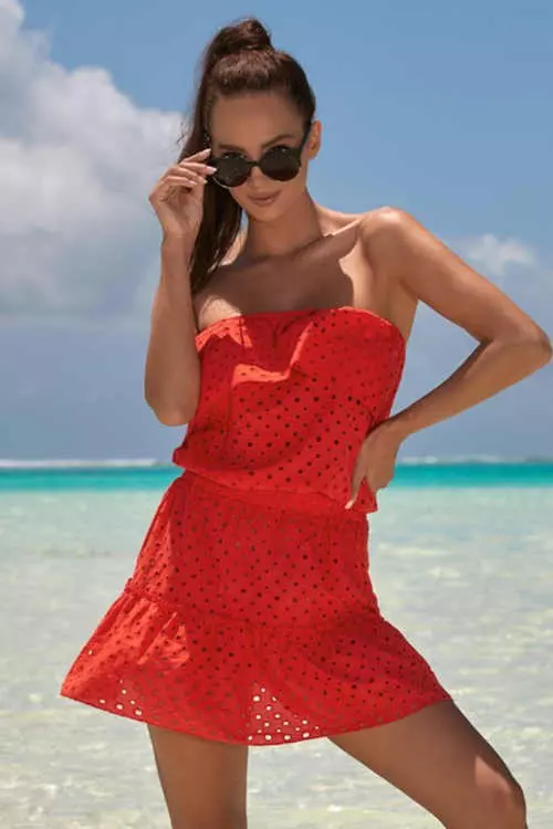 Piros női strandruha lenyűgöző madeira mintával